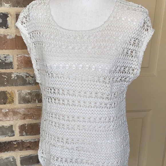 Red Camel Ecru Texture Chunky Open Weave Crochet Top Boho Cap Sleeve Sz M - Picture 9 of 9